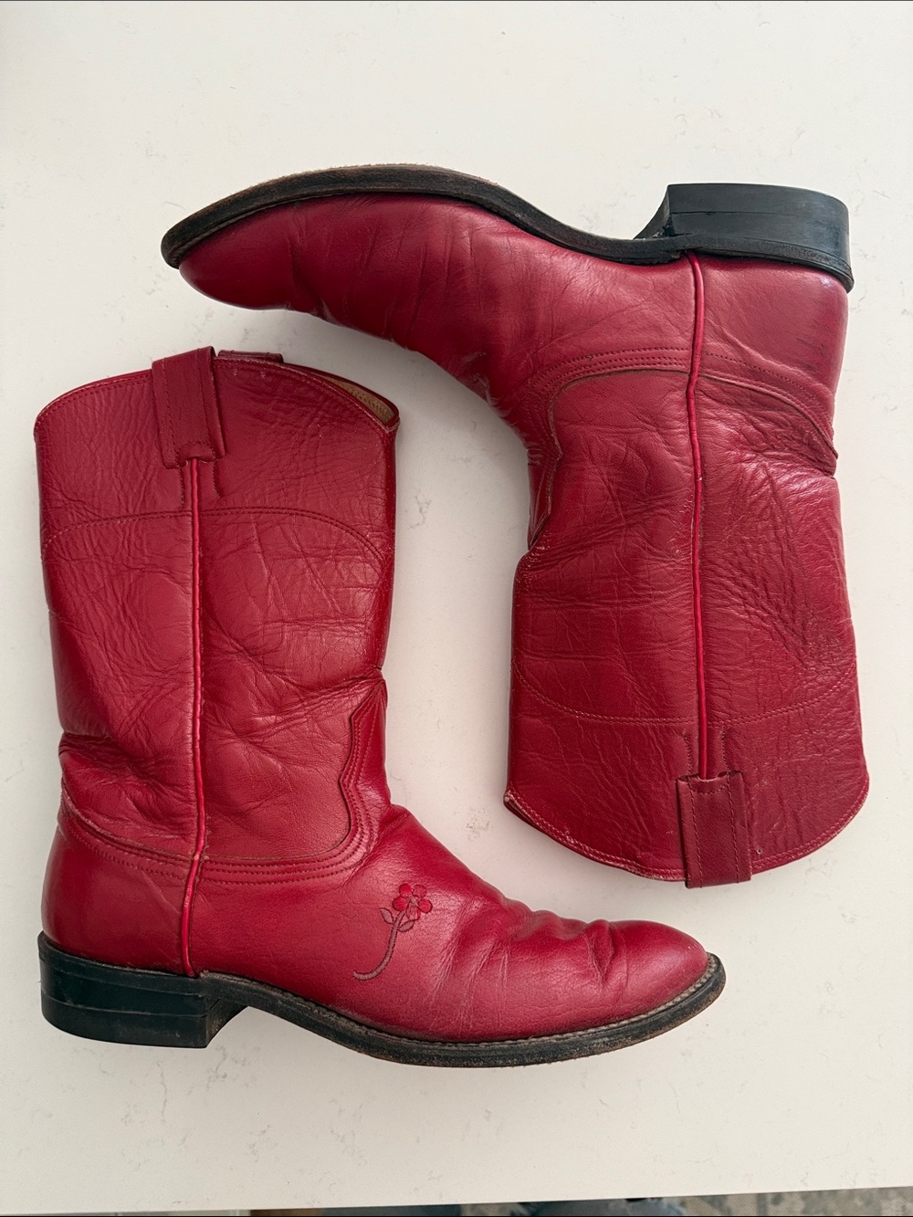 Rare Nocona #135 Western Red Leather Inlay Floral Cowgirl Boots Women’s US 8B